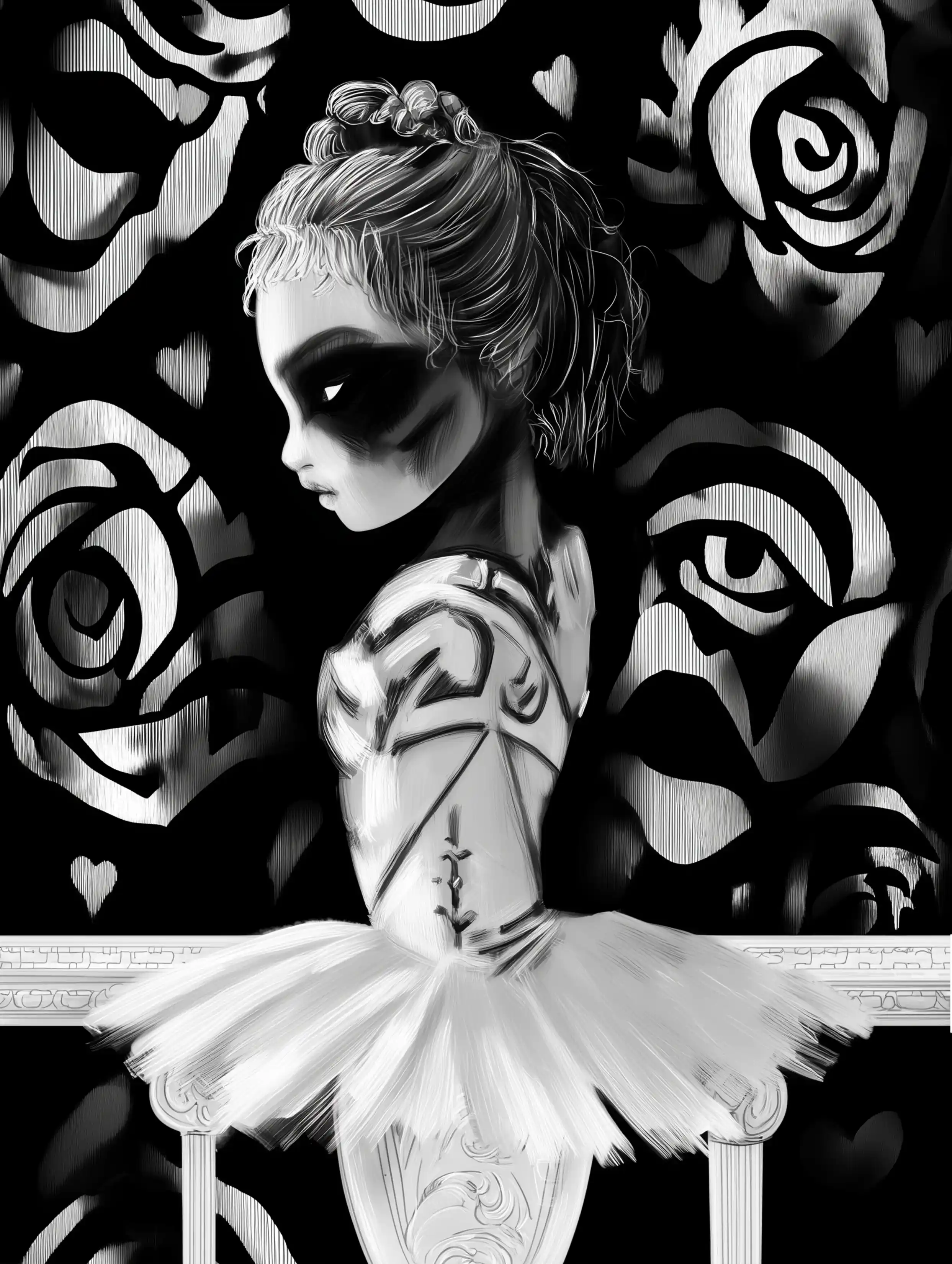 Free ballerina coloring page for adults featuring shadowy side view of a ballerina